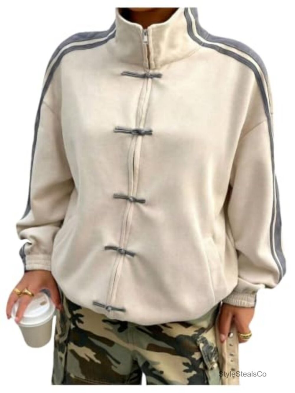 Plus Size Funnel Neck Zip Up Frog Button Jacket Y2k Casual Coat